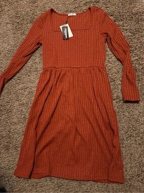 zeagoo Burnt Orange Ribbed Long-Sleeve Knit Dress